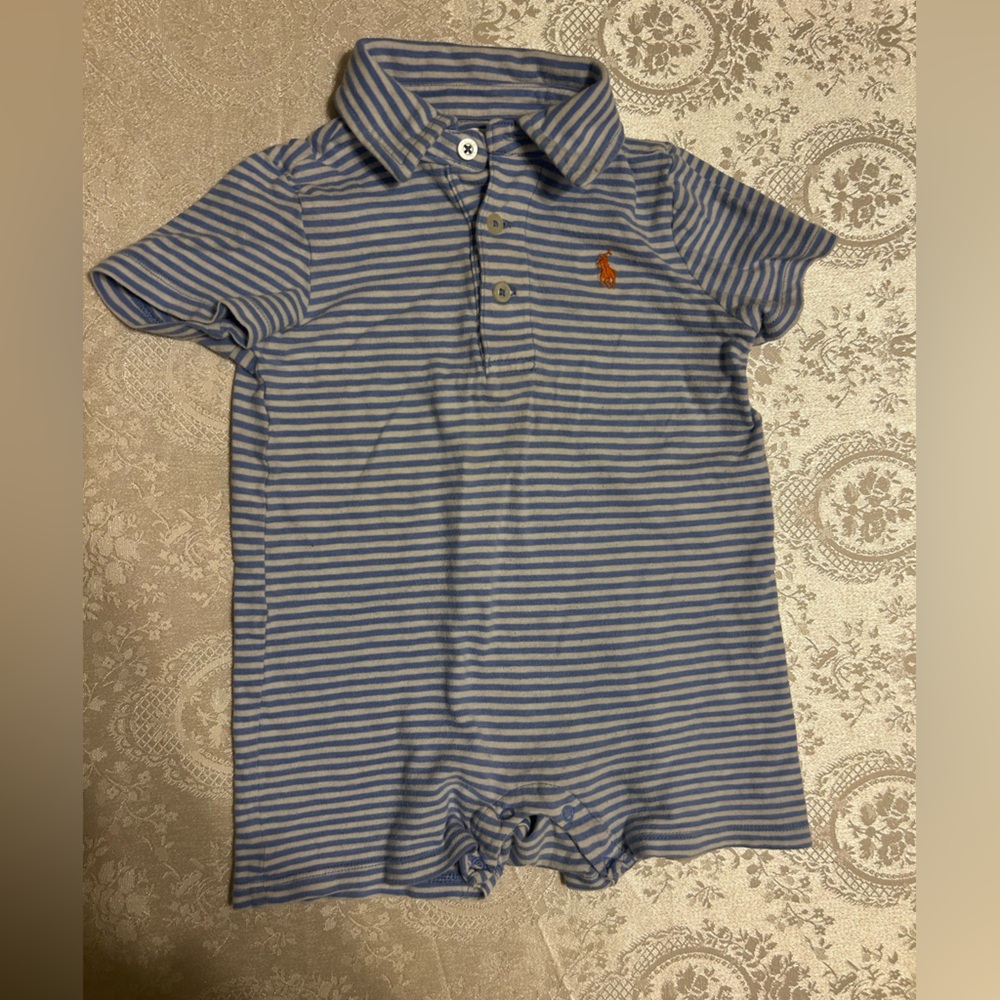 Ralph Lauren Baby Blue Striped Collared Onesie